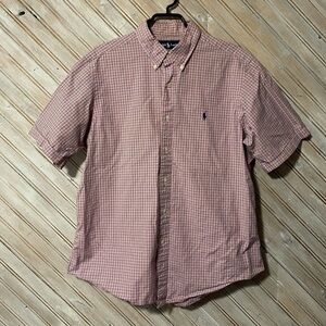 Ralph Lauren pink & navy blue plaid short sleeve casual button down shirt cuffed